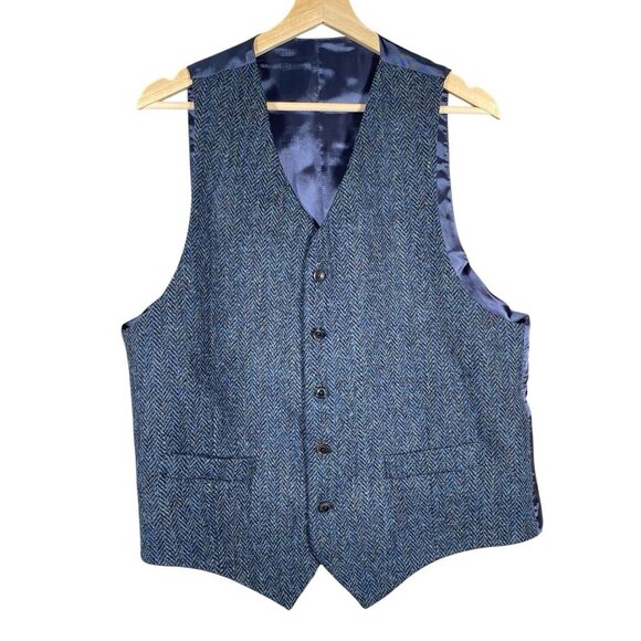 Walker Slater Harris Tweed Ramsey Waistcoat Size 44R Navy Blue Herringbone Vest - Picture 1 of 12